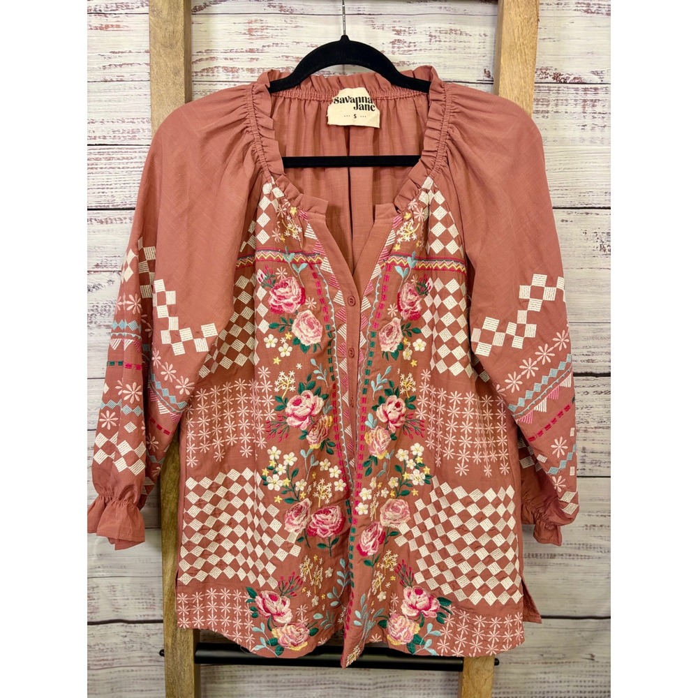Savanna Jane Embroidered Boho Floral Patchwork Blouse Pink Mauve Small